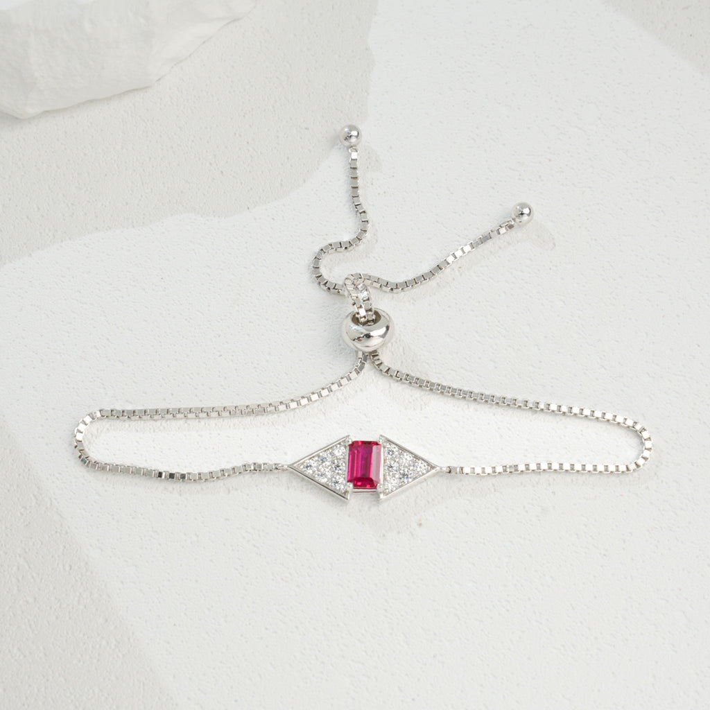 Bracelet ajustable 22 cm en argent 925 rectangle 6x4 mm émeraude et rubis synthétiques, plaqué platine, coffret cadeau - IVOIRART.COM