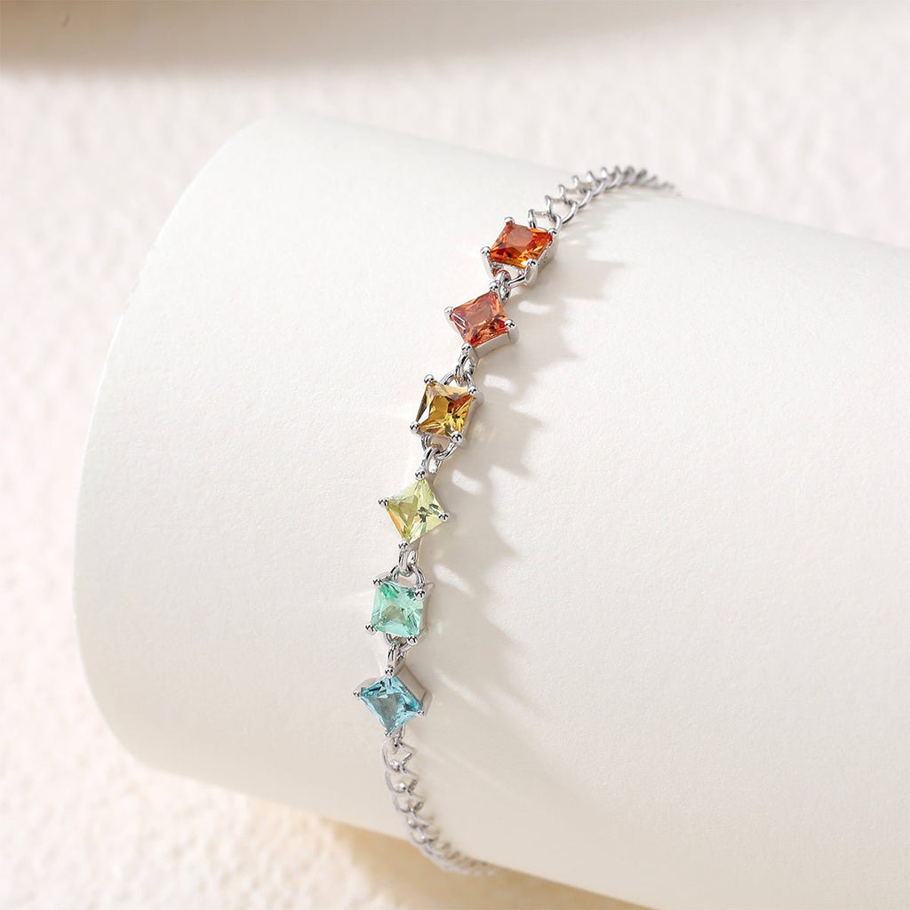 Bracelet Arc-en-Ciel en Argent Sterling S925 avec Gemmes Laboratoires Coupées Carré, 16cm, Placage Platine, Coffret Cadeau - IVOIRART.COM
