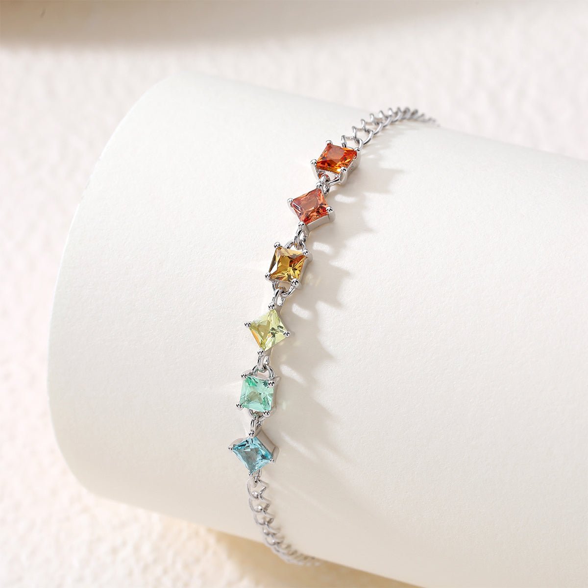Bracelet Arc-en-Ciel en Argent Sterling S925 avec Gemmes Laboratoires Coupées Carré, 16cm, Placage Platine, Coffret Cadeau - IVOIRART.COM