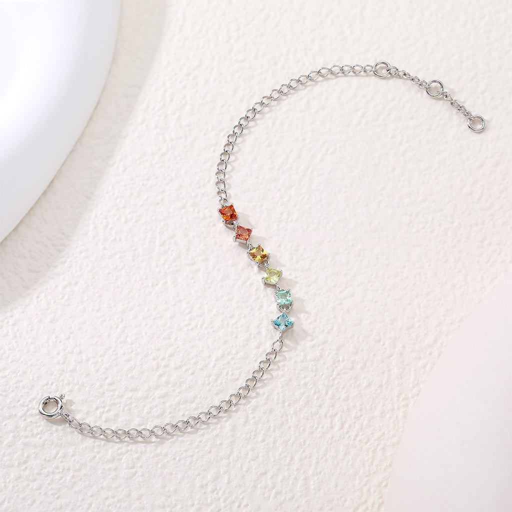 Bracelet Arc-en-Ciel en Argent Sterling S925 avec Gemmes Laboratoires Coupées Carré, 16cm, Placage Platine, Coffret Cadeau - IVOIRART.COM