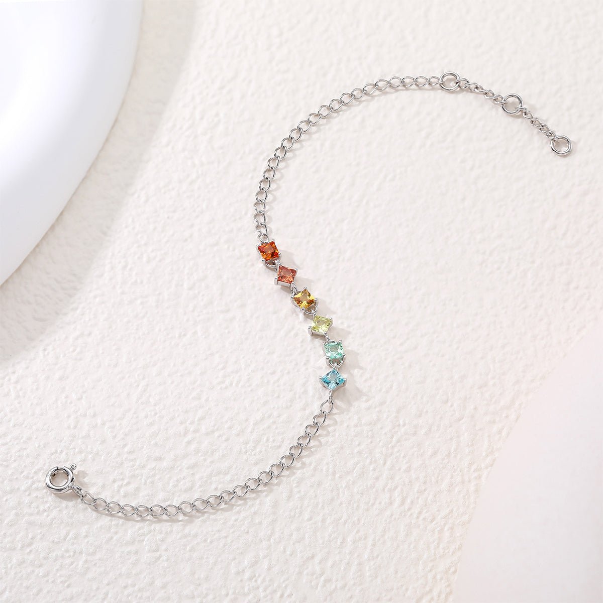 Bracelet Arc-en-Ciel en Argent Sterling S925 avec Gemmes Laboratoires Coupées Carré, 16cm, Placage Platine, Coffret Cadeau - IVOIRART.COM