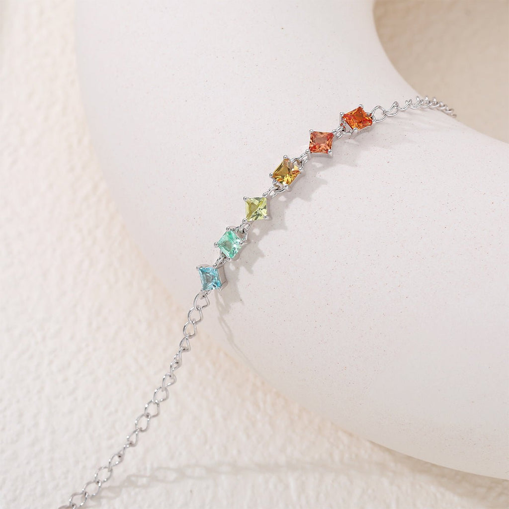 Bracelet Arc-en-Ciel en Argent Sterling S925 avec Gemmes Laboratoires Coupées Carré, 16cm, Placage Platine, Coffret Cadeau - IVOIRART.COM