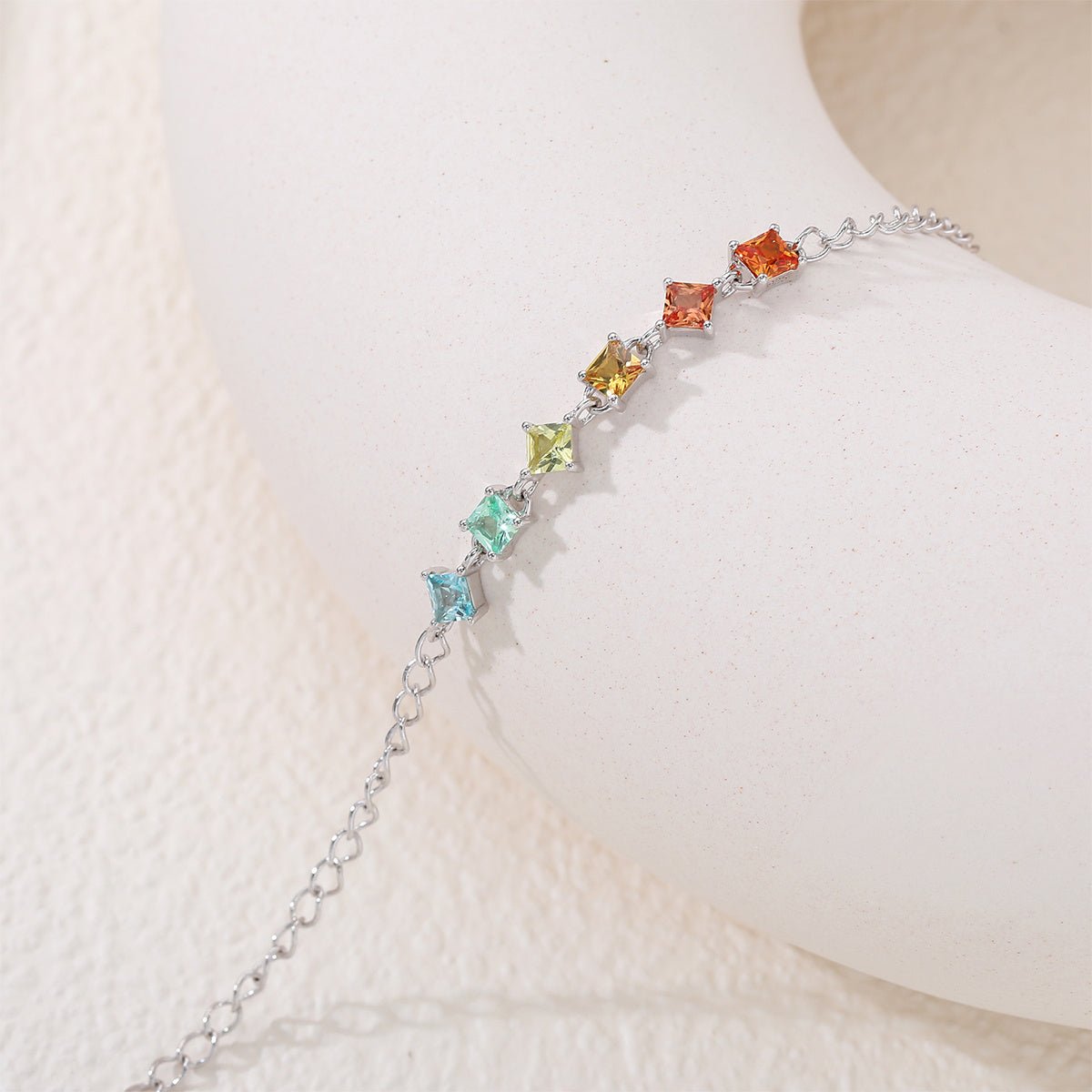 Bracelet Arc-en-Ciel en Argent Sterling S925 avec Gemmes Laboratoires Coupées Carré, 16cm, Placage Platine, Coffret Cadeau - IVOIRART.COM