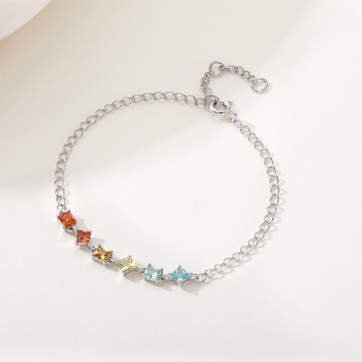 Bracelet Arc-en-Ciel en Argent Sterling S925 avec Gemmes Laboratoires Coupées Carré, 16cm, Placage Platine, Coffret Cadeau - IVOIRART.COM
