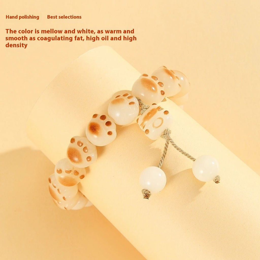 Bracelet Bodhi Patte de Chat Femme Jade Blanc Charbon Couple Artisanal Tradition - IVOIRART.COM