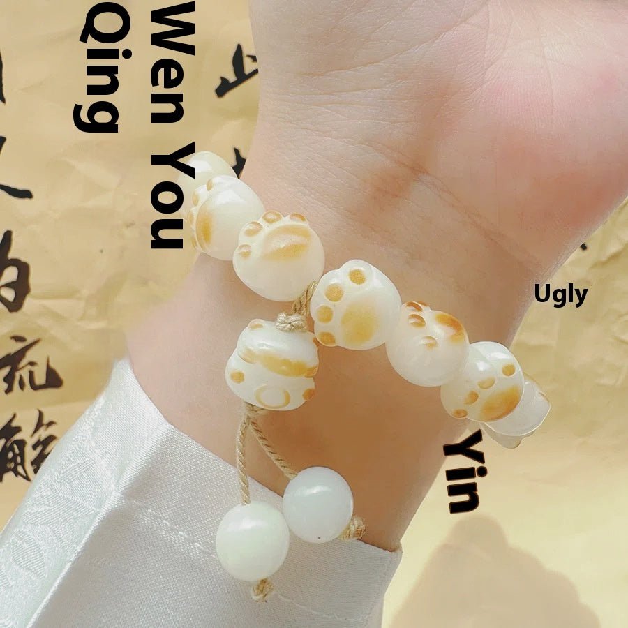 Bracelet Bodhi Patte de Chat Femme Jade Blanc Charbon Couple Artisanal Tradition - IVOIRART.COM