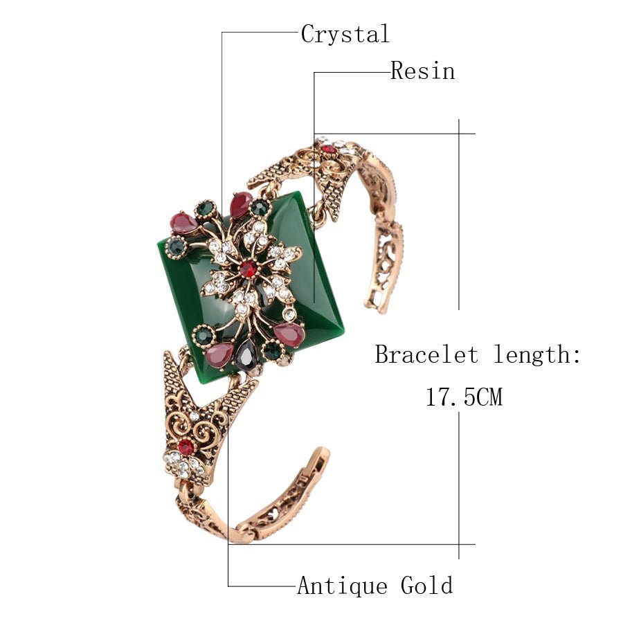 Bracelet bohème femme turquoise sculpté en résine cristal alliage plaqué or KC01 - IVOIRART.COM