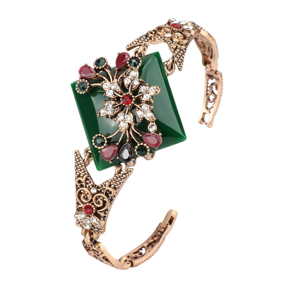 Bracelet bohème femme turquoise sculpté en résine cristal alliage plaqué or KC01 - IVOIRART.COM