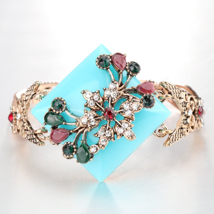 Bracelet bohème femme turquoise sculpté en résine cristal alliage plaqué or KC01 - IVOIRART.COM