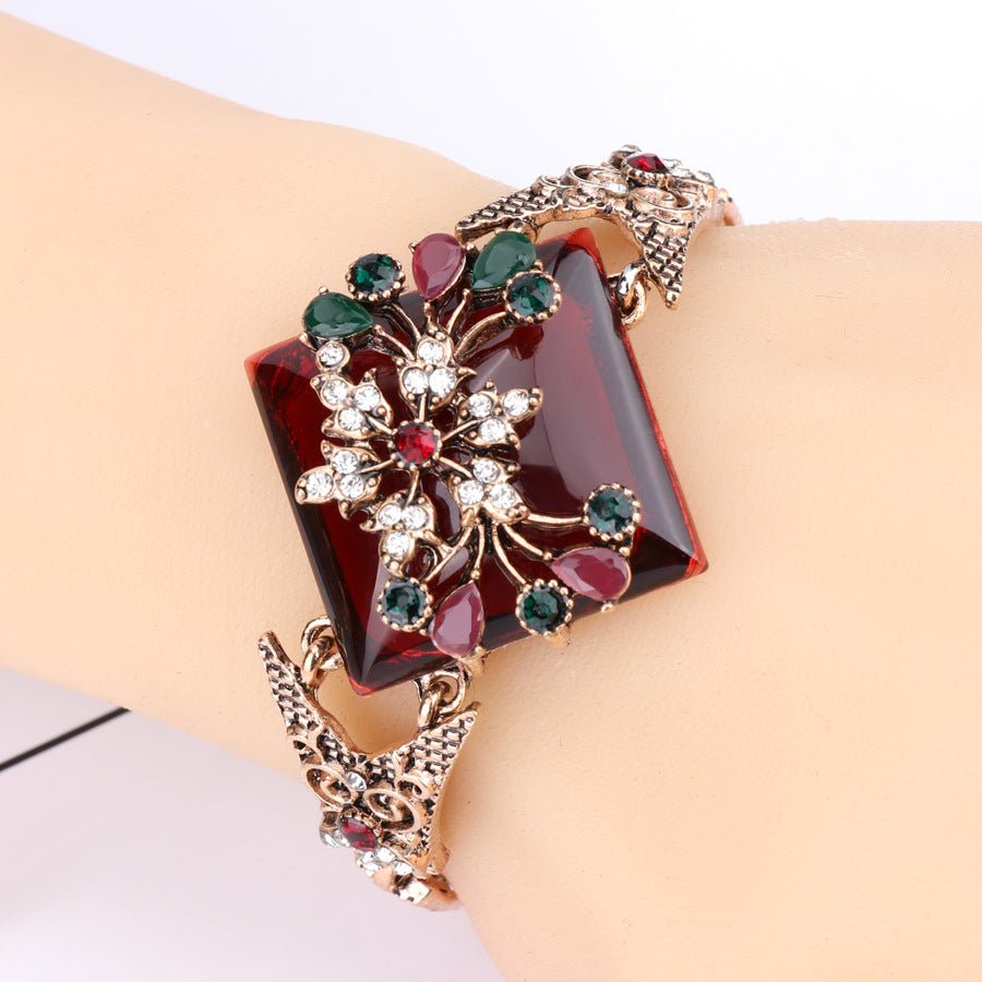 Bracelet bohème femme turquoise sculpté en résine cristal alliage plaqué or KC01 - IVOIRART.COM