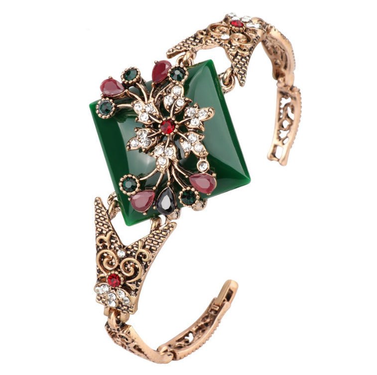 Bracelet bohème femme turquoise sculpté en résine cristal alliage plaqué or KC01 - IVOIRART.COM