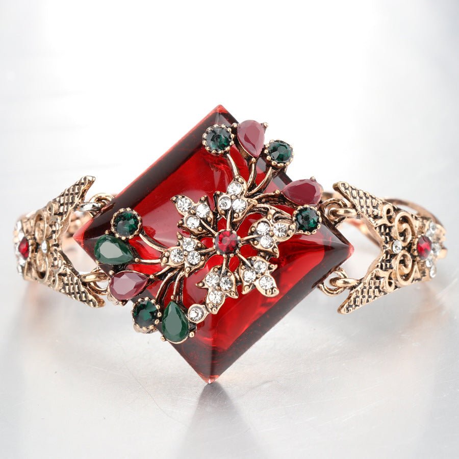 Bracelet bohème femme turquoise sculpté en résine cristal alliage plaqué or KC01 - IVOIRART.COM