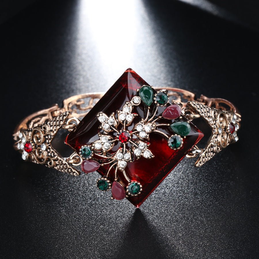 Bracelet bohème femme turquoise sculpté en résine cristal alliage plaqué or KC01 - IVOIRART.COM