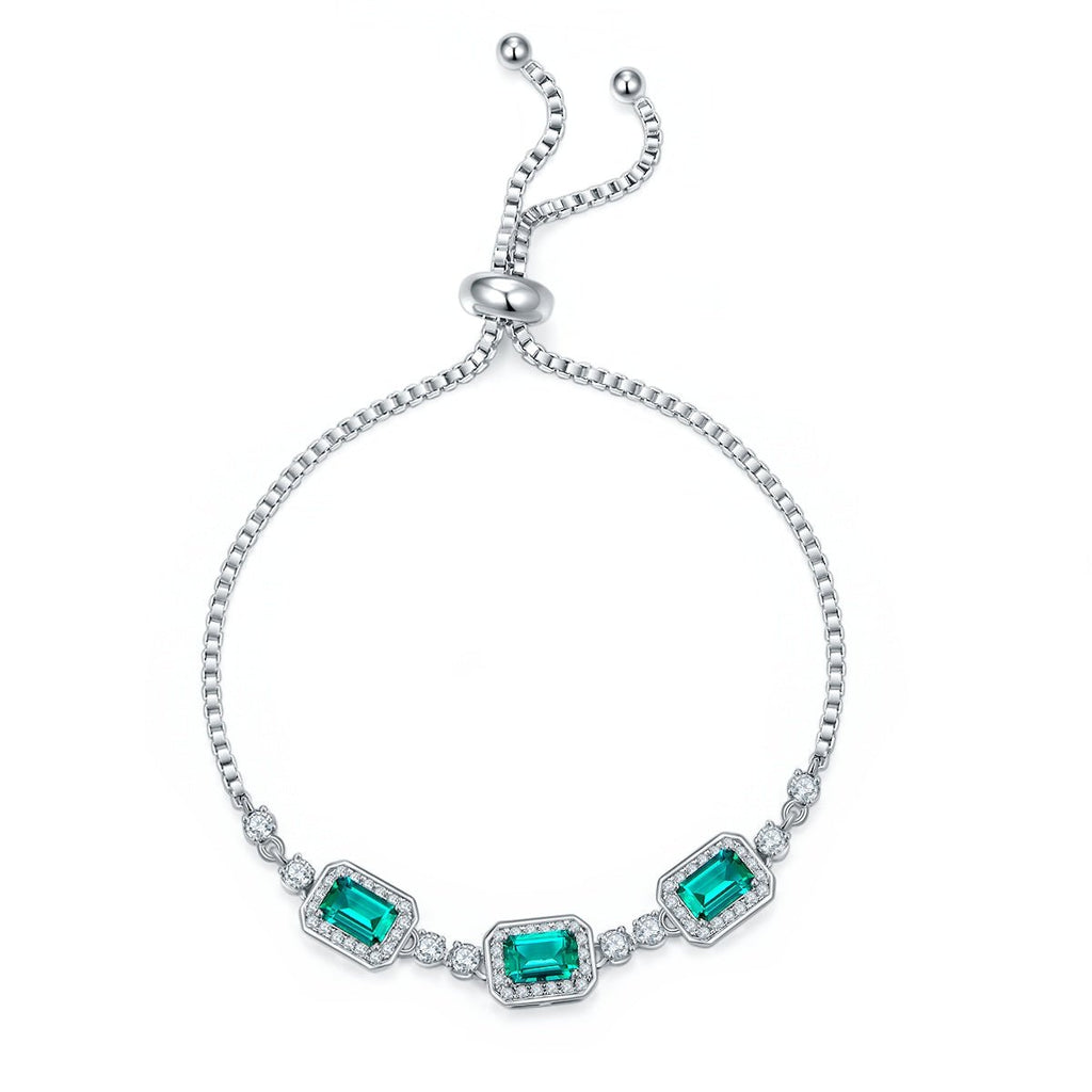 Bracelet bolo réglable Argent S925 plaqué platine 3 pierres émeraude saphir halo - IVOIRART.COM