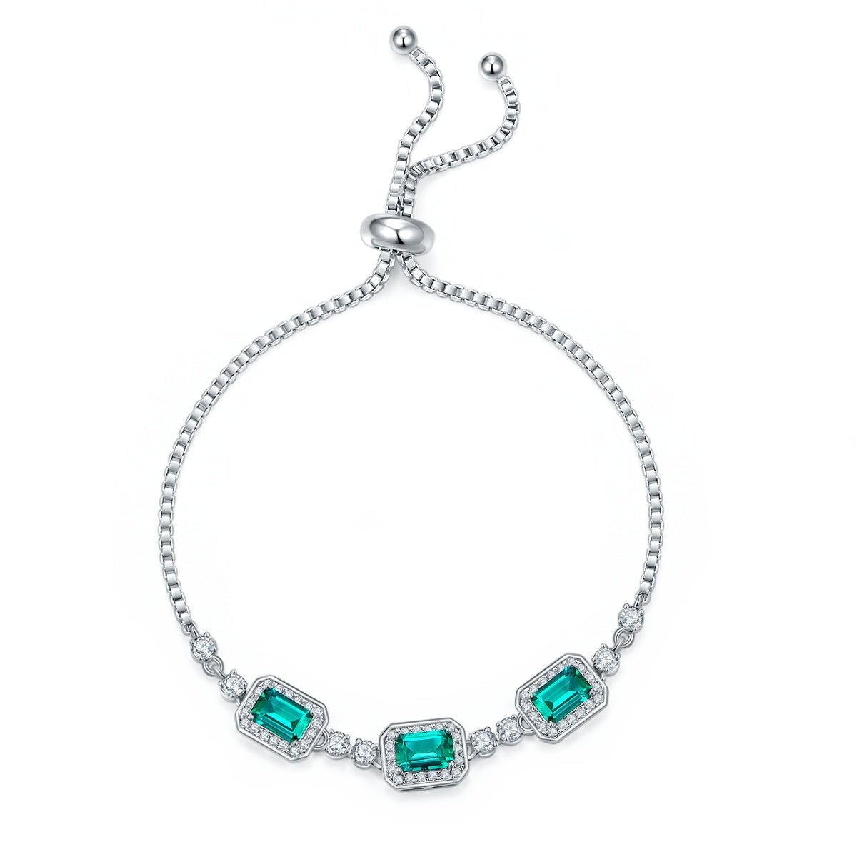 Bracelet bolo réglable Argent S925 plaqué platine 3 pierres émeraude saphir halo - IVOIRART.COM