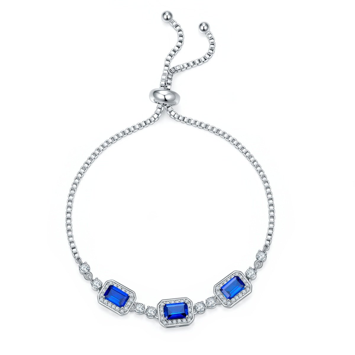 Bracelet bolo réglable Argent S925 plaqué platine 3 pierres émeraude saphir halo - IVOIRART.COM