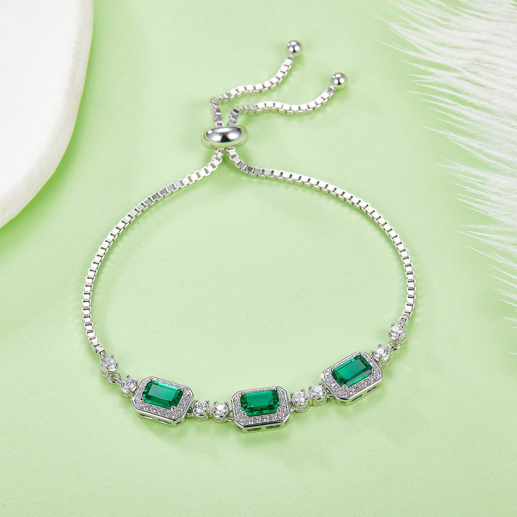 Bracelet bolo réglable Argent S925 plaqué platine 3 pierres émeraude saphir halo - IVOIRART.COM