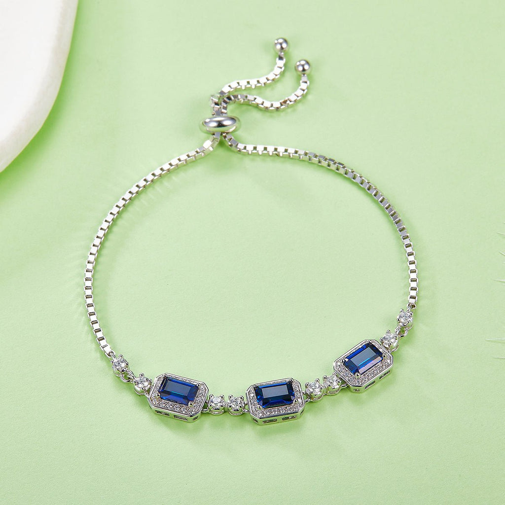 Bracelet bolo réglable Argent S925 plaqué platine 3 pierres émeraude saphir halo - IVOIRART.COM