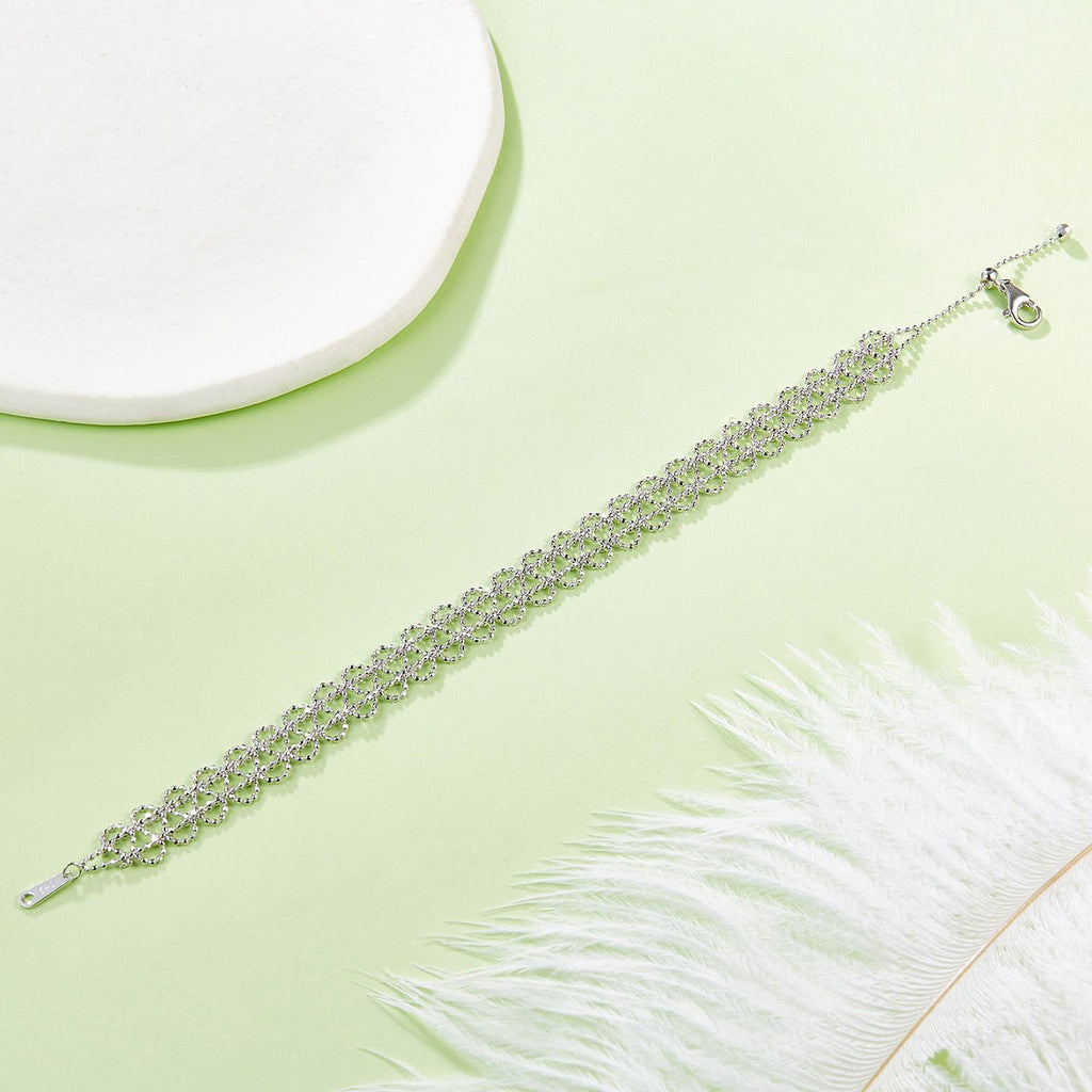 Bracelet chaîne cercle creux en argent sterling S925 pour femme, 18,5 cm, réglable, 9 mm largeur, léger, 3,2 g, plaqué platine, boîte cadeau - IVOIRART.COM