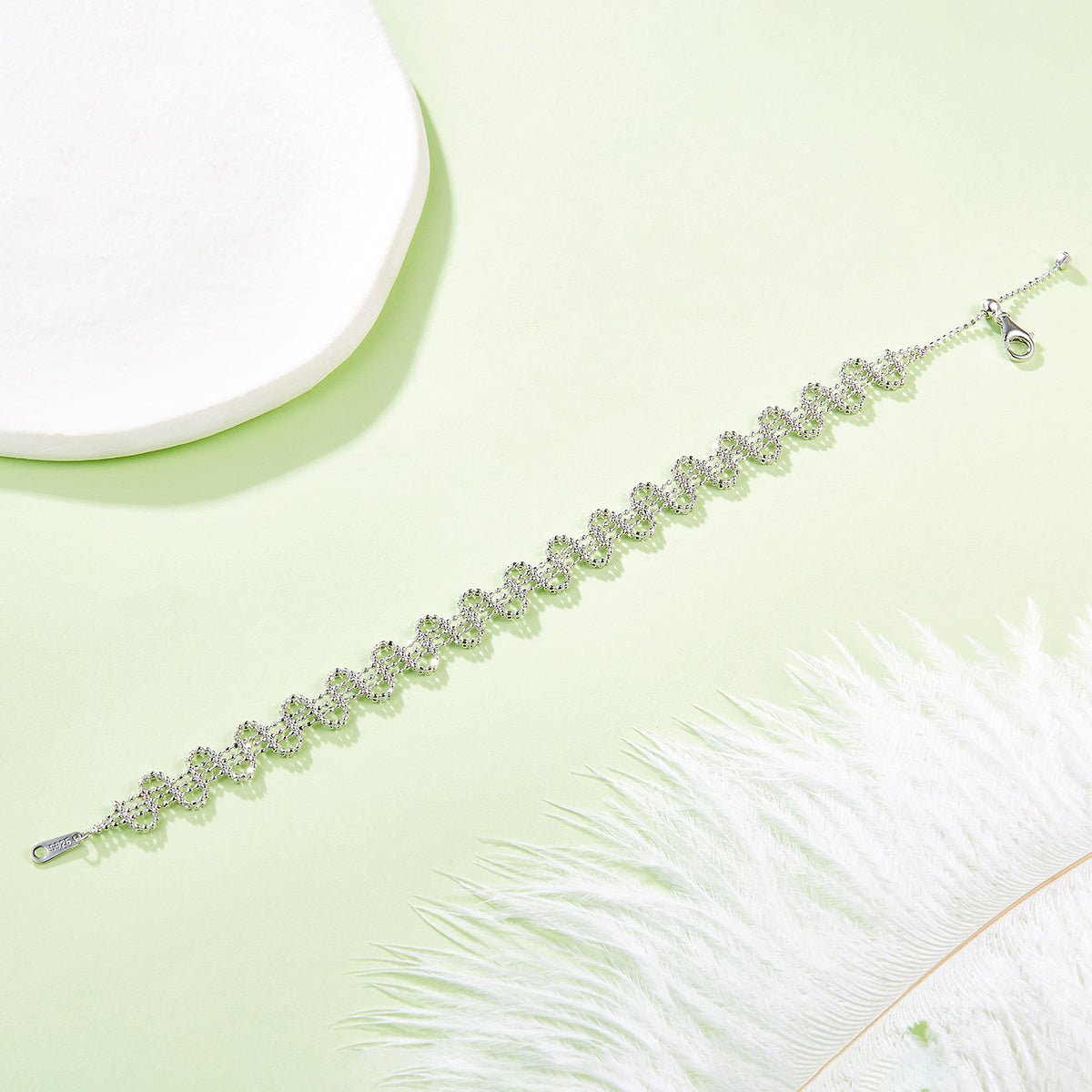Bracelet Chaîne Ondulée Trèfle en Argent Sterling S925 19 cm Ajustable 8 mm Platine - IVOIRART.COM