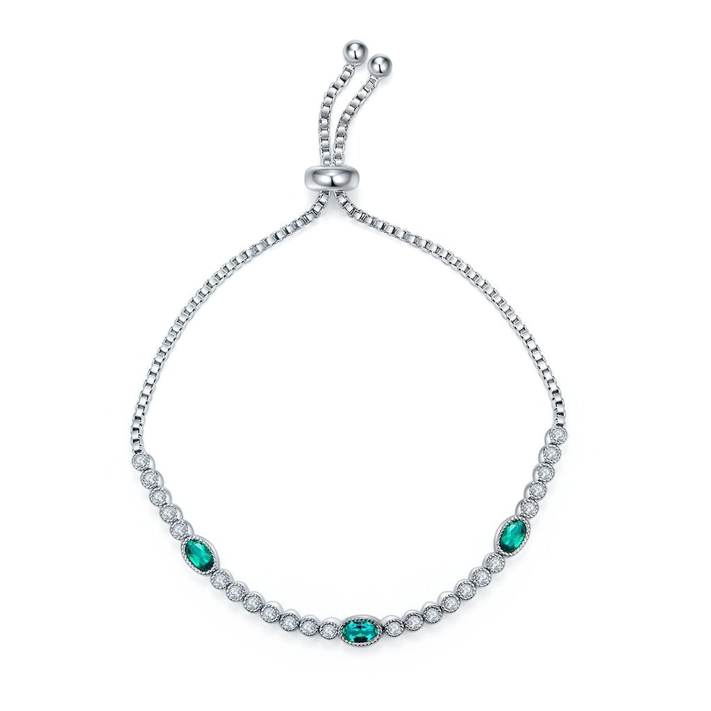 Bracelet coulissant S925 argent sterling réglable, 3 émeraudes lab-grown 23cm 6g - IVOIRART.COM