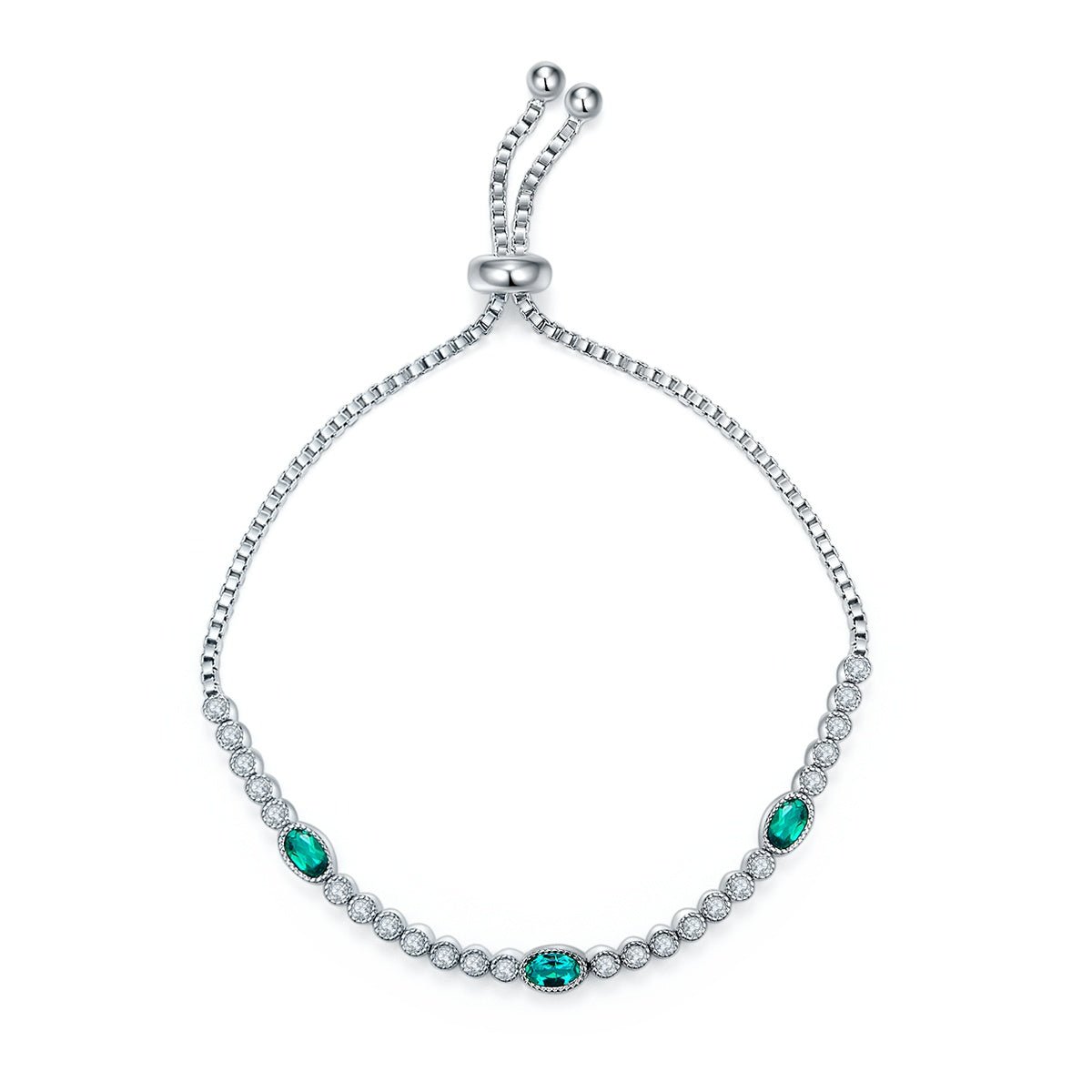Bracelet coulissant S925 argent sterling réglable, 3 émeraudes lab-grown 23cm 6g - IVOIRART.COM