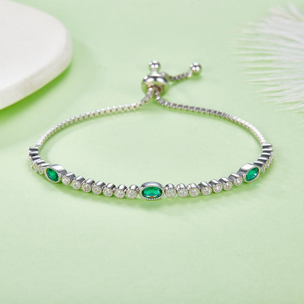 Bracelet coulissant S925 argent sterling réglable, 3 émeraudes lab-grown 23cm 6g - IVOIRART.COM
