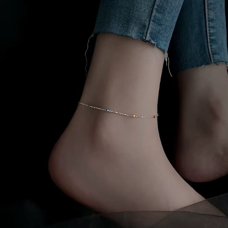 Bracelet de cheville 1 pièce en argent sterling 999 émaillé multicolore, style bohème minimaliste, pour plage estivale, usage quotidien et cadeaux femme - IVOIRART.COM
