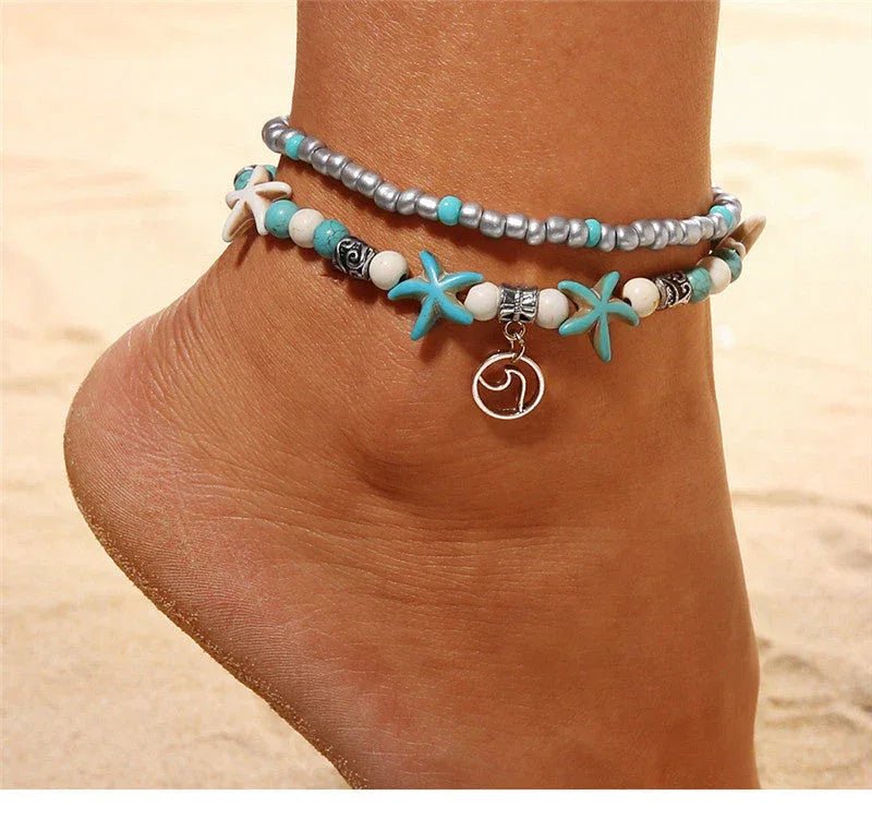 Bracelet de cheville plage avec pendentif tortue et étoile de mer turquoise - IVOIRART.COM