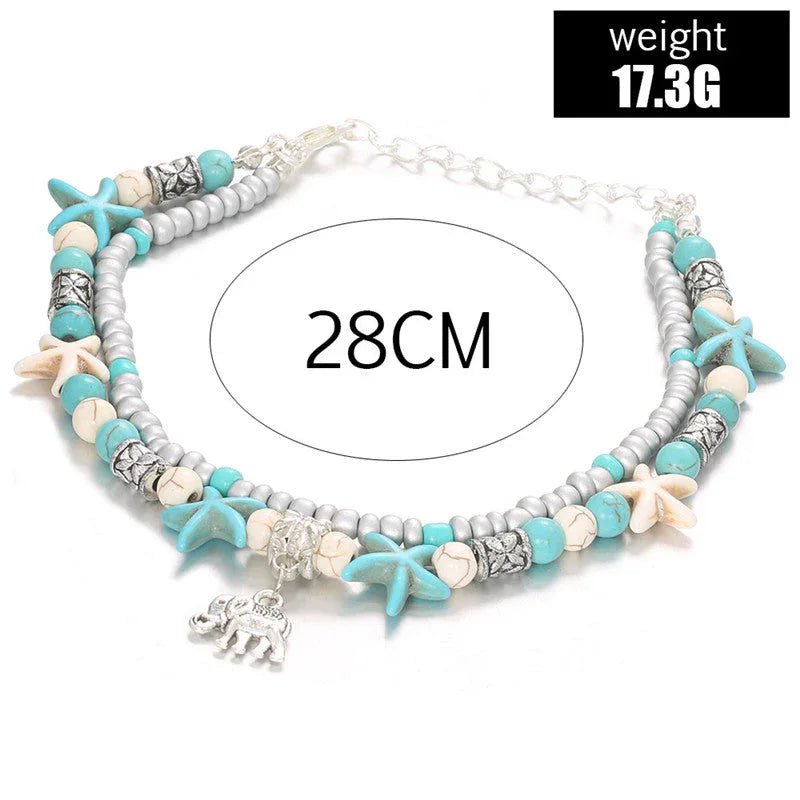 Bracelet de cheville plage avec pendentif tortue et étoile de mer turquoise - IVOIRART.COM