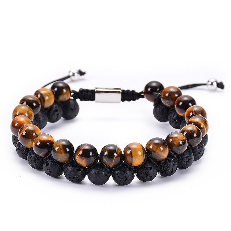 Bracelet Double Rang en Pierre Naturelle Œil de Tigre et Pierre de Lave - IVOIRART.COM