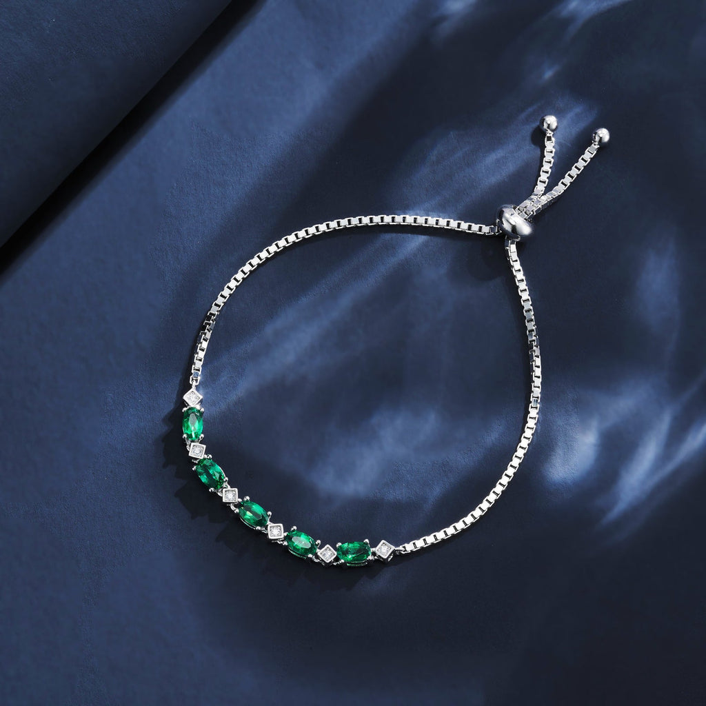 Bracelet en argent sterling S925 avec émeraude synthétique ovale, 21 cm ajustable, plaqué platine, coffret cadeau - IVOIRART.COM