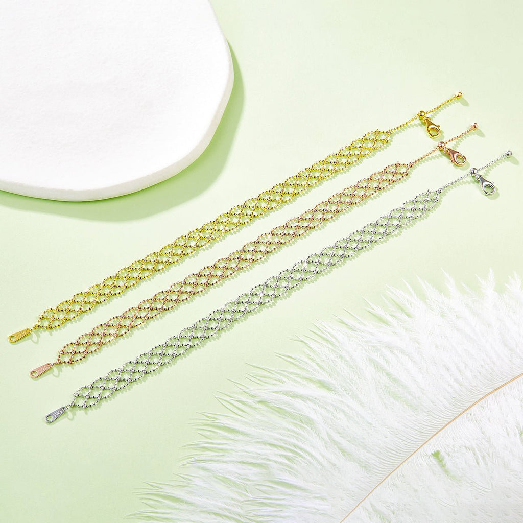 Bracelet en Argent Sterling S925 Maille Ajourée Légère 8mm Ajustable 18,5cm 3 Couleurs Coffret Cadeau - IVOIRART.COM