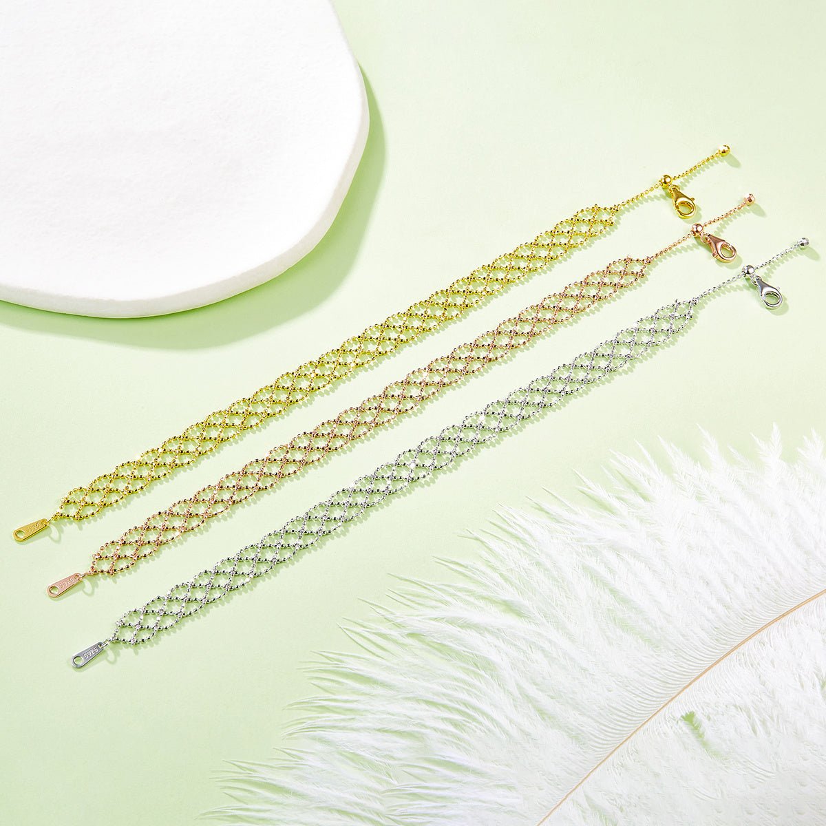 Bracelet en Argent Sterling S925 Maille Ajourée Légère 8mm Ajustable 18,5cm 3 Couleurs Coffret Cadeau - IVOIRART.COM
