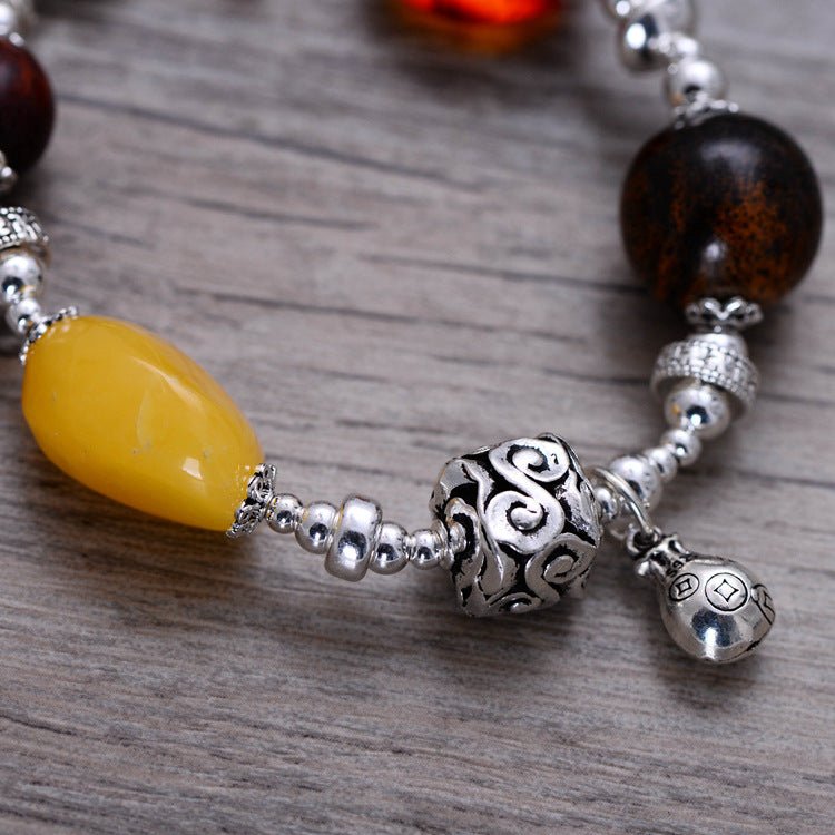 Bracelet femme argent 925 vintage ambre cire d'abeille fait main géométrique chic - IVOIRART.COM