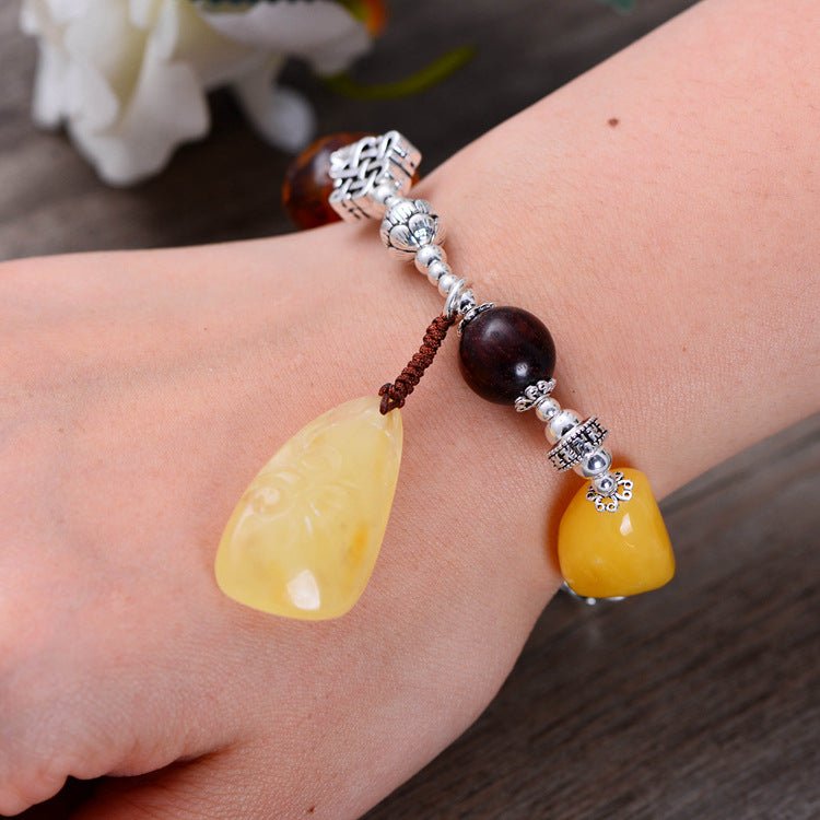 Bracelet femme argent 925 vintage ambre cire d'abeille fait main géométrique chic - IVOIRART.COM