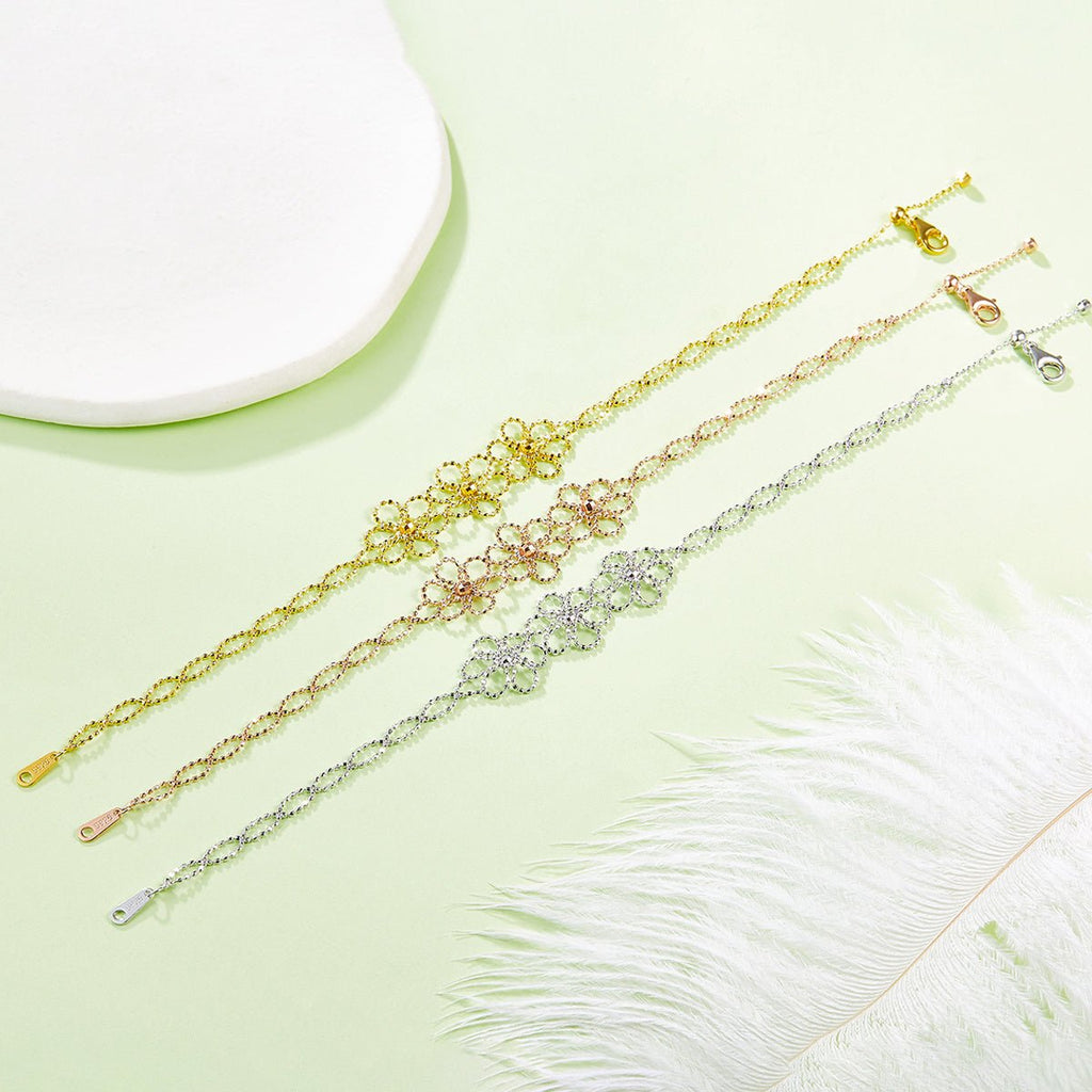 Bracelet Fleur Ajourée en Argent Sterling S925, 1,8g, 14mm, Ajustable 20cm, Plaqué Platine, 3 Couleurs, Coffret Cadeau - IVOIRART.COM