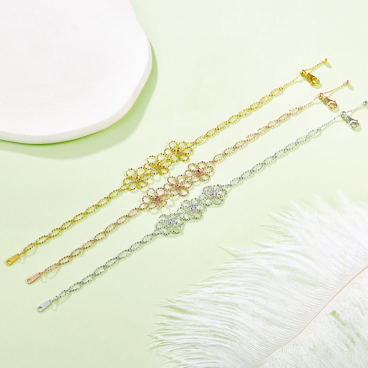 Bracelet Fleur Ajourée en Argent Sterling S925, 1,8g, 14mm, Ajustable 20cm, Plaqué Platine, 3 Couleurs, Coffret Cadeau - IVOIRART.COM