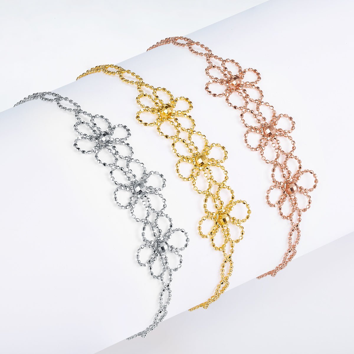 Bracelet Fleur Ajourée en Argent Sterling S925, 1,8g, 14mm, Ajustable 20cm, Plaqué Platine, 3 Couleurs, Coffret Cadeau - IVOIRART.COM