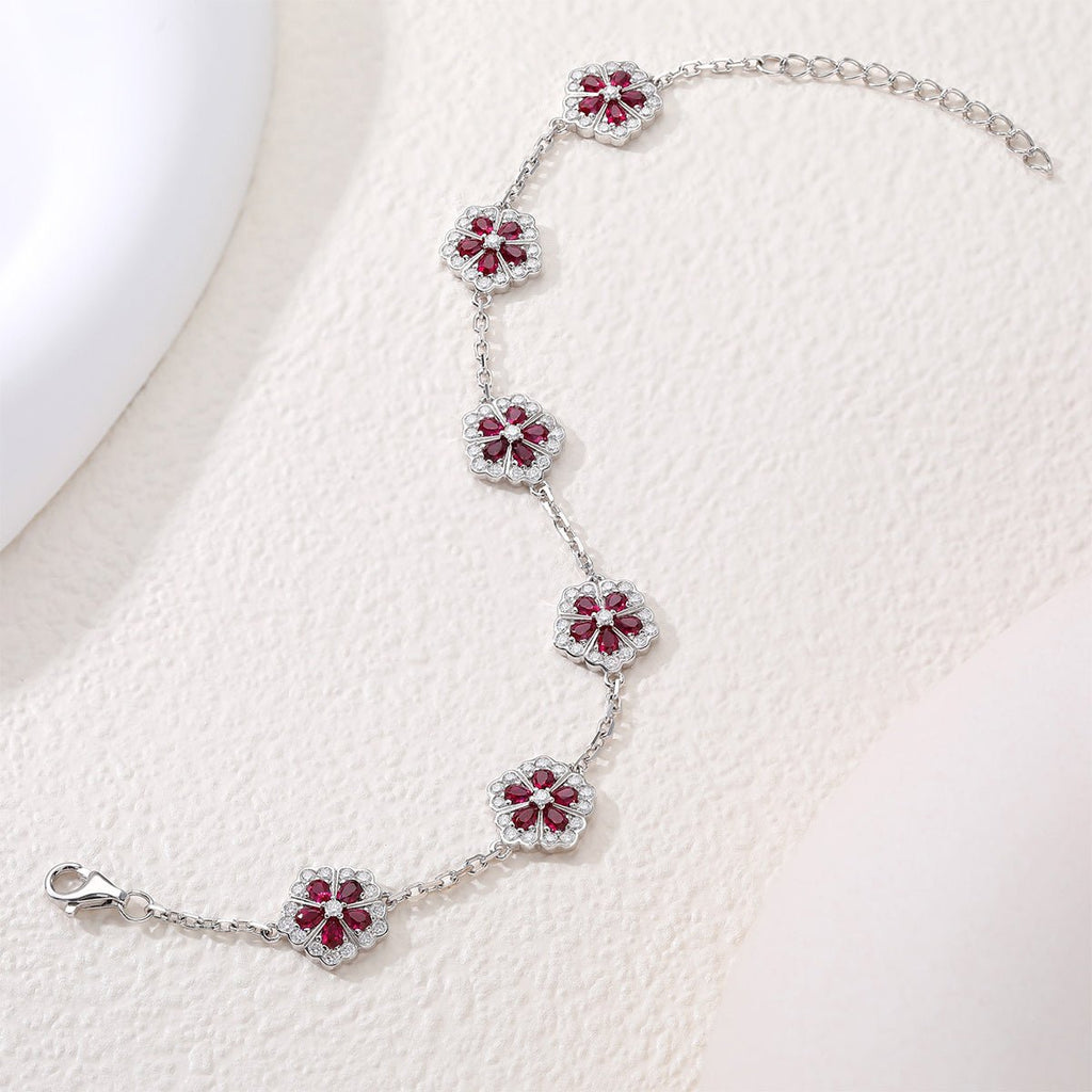 Bracelet Fleur en Argent Sterling S925, Gemmes Rouges Synthétiques, 16 cm, Plaqué Platine, Moissanite D Couleur VVS1 Certifiée GRA, Coffret Cadeau - IVOIRART.COM