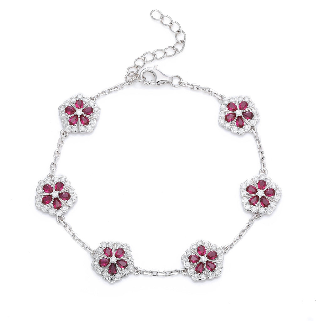 Bracelet Fleur en Argent Sterling S925, Gemmes Rouges Synthétiques, 16 cm, Plaqué Platine, Moissanite D Couleur VVS1 Certifiée GRA, Coffret Cadeau - IVOIRART.COM