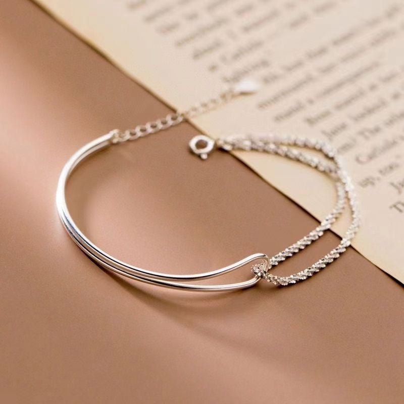 Bracelet jonc double couche et chaîne tennis en argent 999, style luxueux délicat, cadeau parfait d'anniversaire - IVOIRART.COM