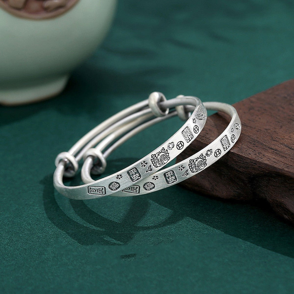 Bracelet ornement Dragon en argent sterling 999 finition vieillie, diamètre 43mm - IVOIRART.COM