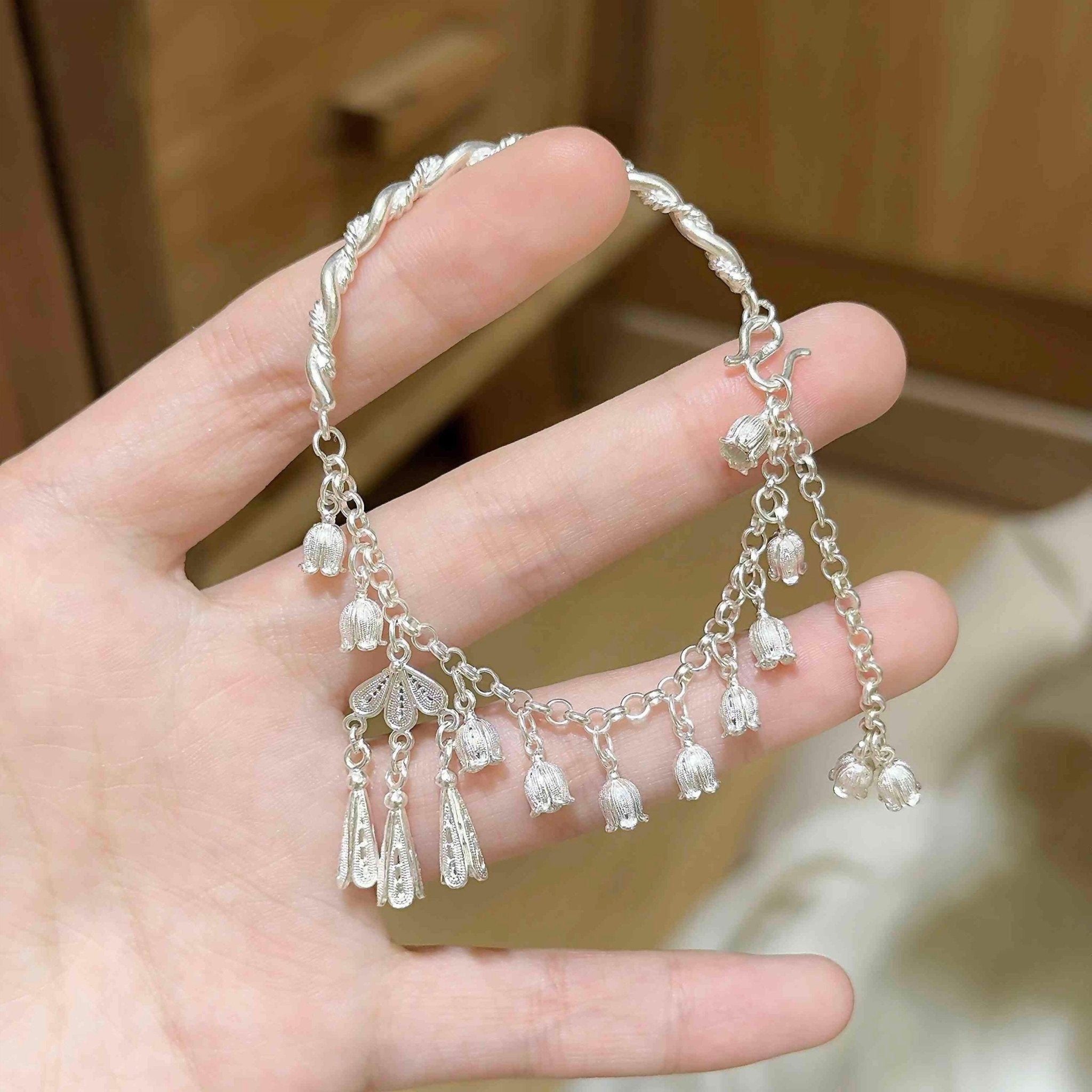 Bracelet pampille en argent sterling 999 Lys des vallées, style chinois délicat, idéal pour un port quotidien et un cadeau d'exception - IVOIRART.COM