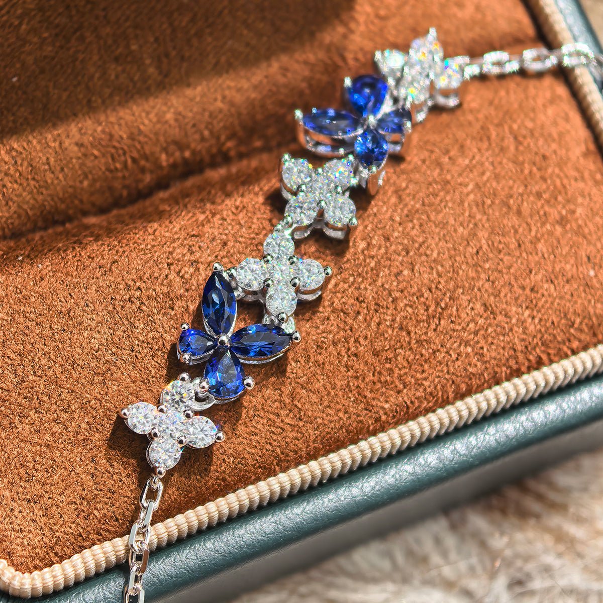 Bracelet papillon en argent sterling S925 avec pierres précieuses synthétiques, 16 cm, moissanite bleue et rose, plaqué platine, coffret cadeau mode - IVOIRART.COM