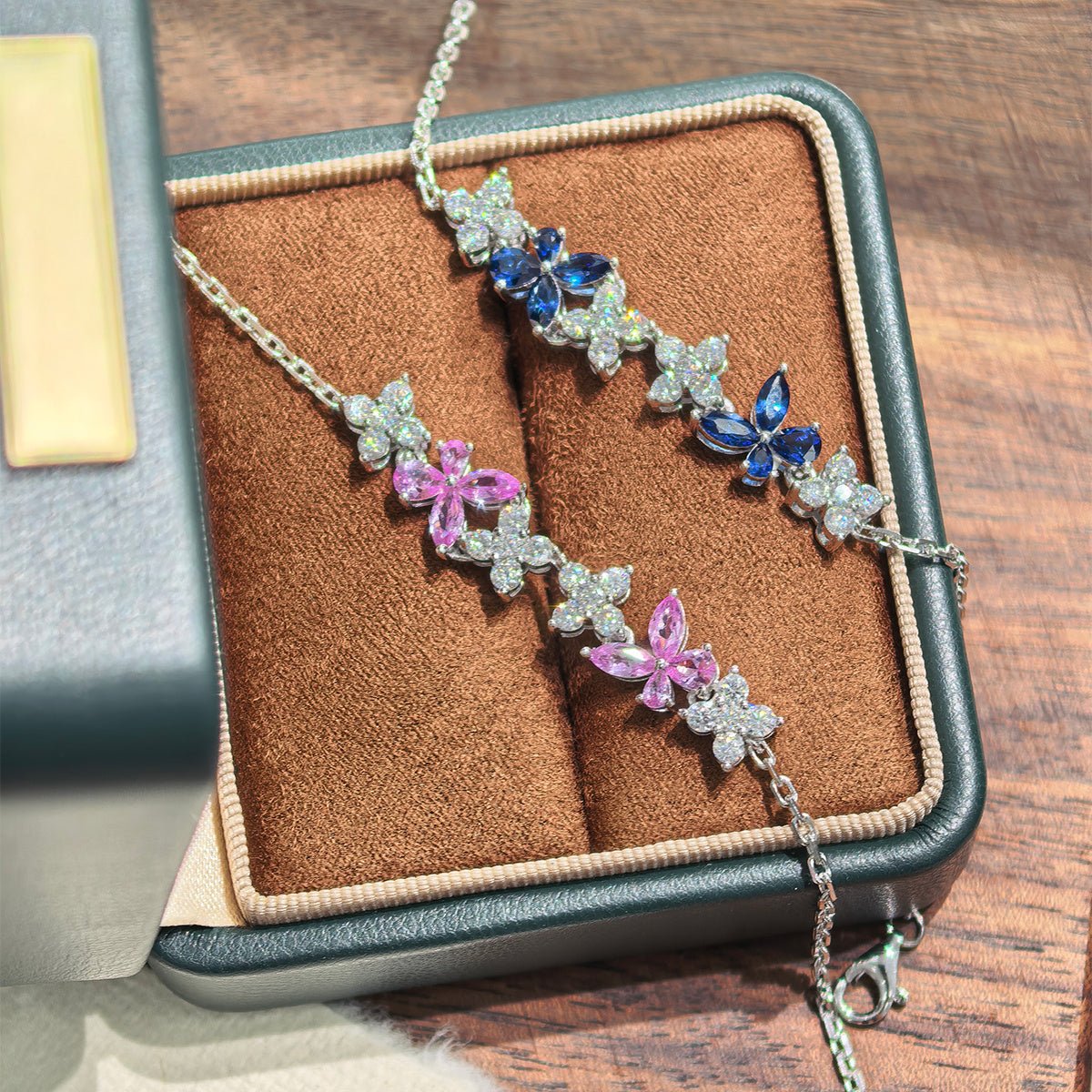 Bracelet papillon en argent sterling S925 avec pierres précieuses synthétiques, 16 cm, moissanite bleue et rose, plaqué platine, coffret cadeau mode - IVOIRART.COM