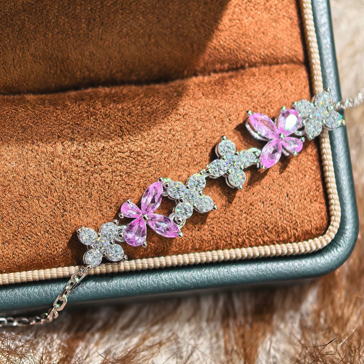 Bracelet papillon en argent sterling S925 avec pierres précieuses synthétiques, 16 cm, moissanite bleue et rose, plaqué platine, coffret cadeau mode - IVOIRART.COM