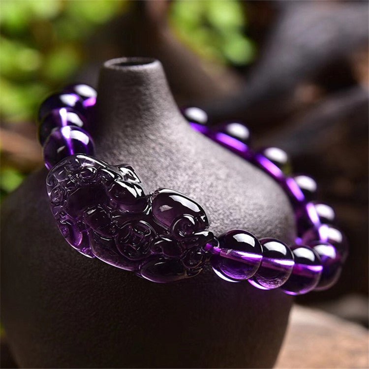 Bracelet perles rondes Pixiu en améthyste — porte-bonheur élégant et unisexe chic. - IVOIRART.COM