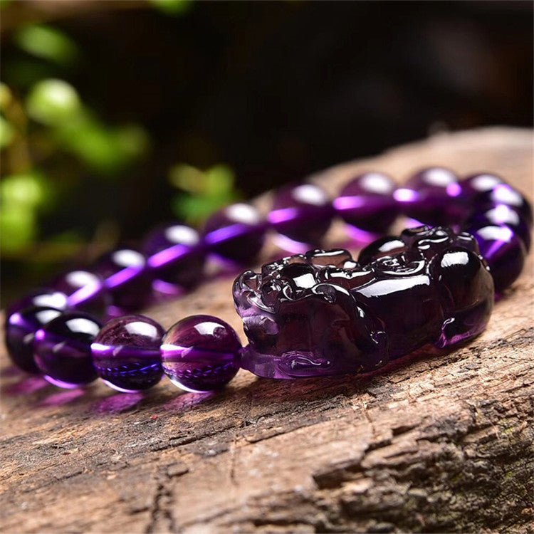 Bracelet perles rondes Pixiu en améthyste — porte-bonheur élégant et unisexe chic. - IVOIRART.COM