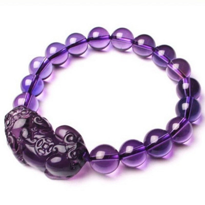 Bracelet perles rondes Pixiu en améthyste — porte-bonheur élégant et unisexe chic. - IVOIRART.COM